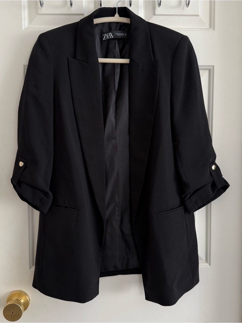 Zara Black 3/4 Roll-Tab Sleeve Open Blazer Jacket - S